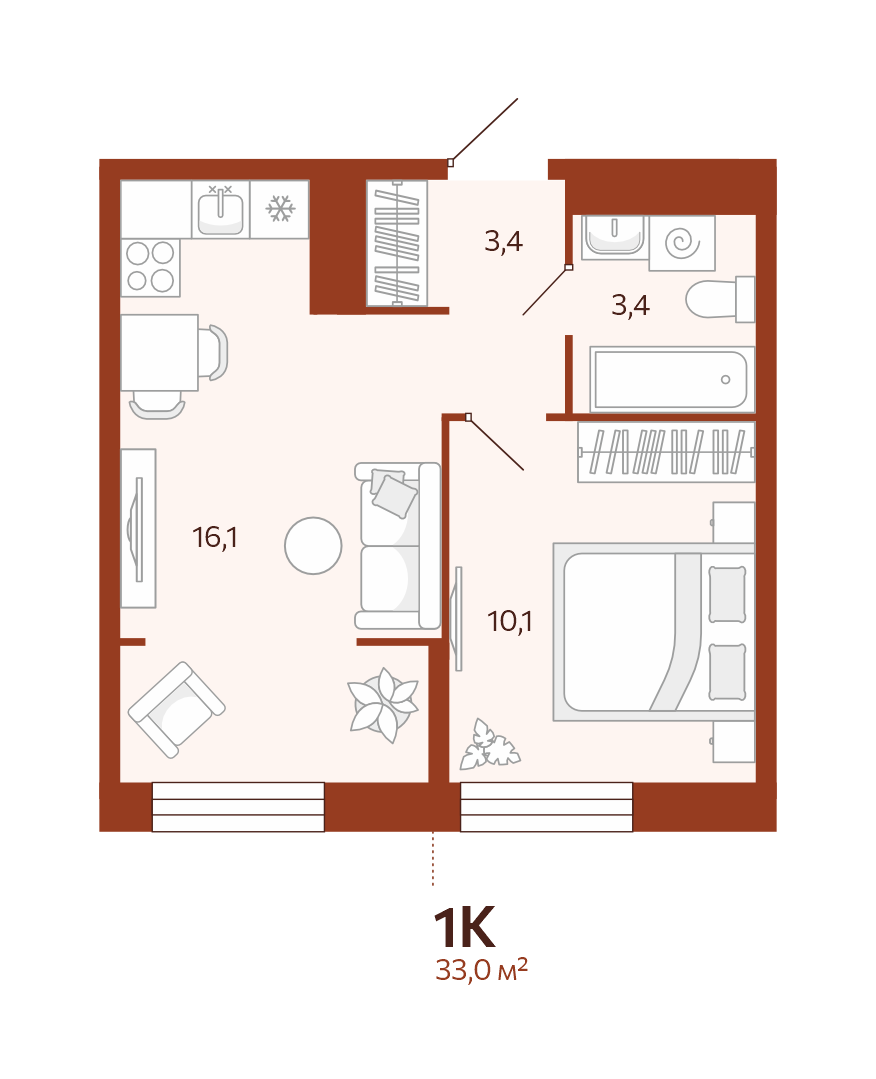 1-комнатная №305 площадью 33.04 м² в ЖК Новатор на 3 этаже